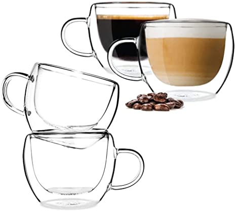 BOQO Glass Coffee Cups,Double Walled Insulated Drinking Glasses Mugs with Handle,Perfect for Latte, Cappuccinos, Tea Bag, Beverage Set,of 4 Mugs (150ml Water Glasses)