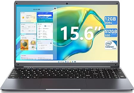 SGIN 15.6 Inch Laptop 12GB RAM 512GB SSD, 1080P FHD Celeron N5095 Up to 2.8GHz, 180° Open Angle, PC Notebook with Dual Band WiFi, 2xUSB 3.0, Keyboard Film in Eight Languages