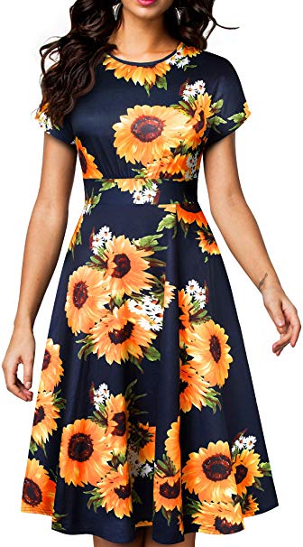 HOMEYEE Women's Short Sleeve Floral Casual Aline Midi Dress A102