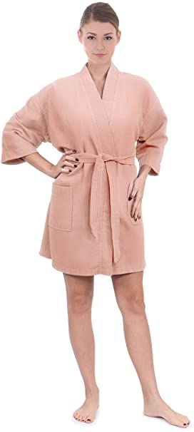 Women's Knee Length Waffle Weave Kimono Bathrobe, Short Spa Robes