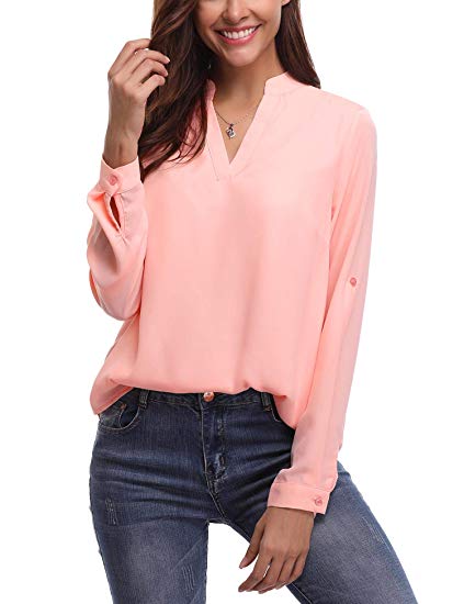 Abollria Women's Casual V Neck Cuffed Sleeves Solid Chiffon Blouse Top