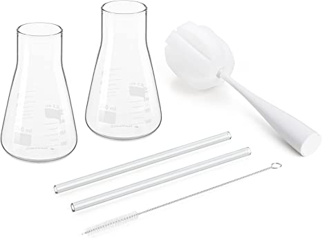 Navaris Lab Style Glasses - Set of 2 Scientific Beaker Flask Mugs for Cocktails, Coffee, Hot, Cold Drinks - Novelty Cocktail Glasses Set with Straws