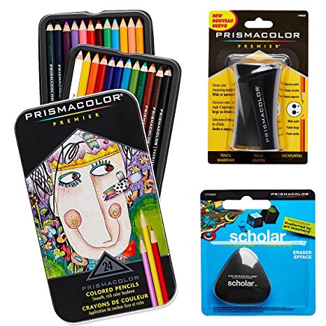 Prismacolor Quality Art Set - Premier Colored Pencils 24 Pack, Premier Pencil Sharpener 1 Pack and Latex-Free Scholar Eraser 1 Pack …