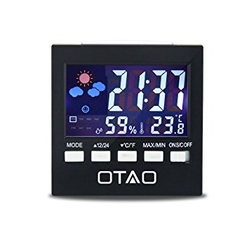 Otao Humidity Meter Color Digital LCD Screen Multifunctional Temperature Humidity Gauge Indoor Humidity Monitor Room Thermometer with Alarm Clock/Thermometer/Voice Control Backlit
