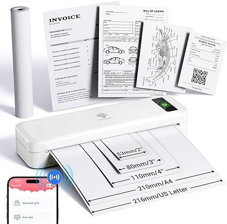 Phomemo Portable Printers Wireless for Travel, Inkless Printer Thermal M835, Mobile Printer Bluetooth Support 8.5/A4/4/3/2 in Thermal Paper Roll, Compact Printer Compatible with iOS&Android