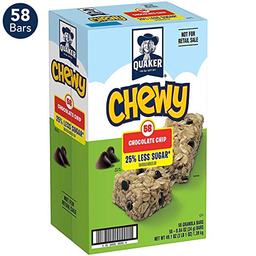 Quaker Chewy 25% Less Sugar Granola Bars, Chocolate Chip (58 Bars)