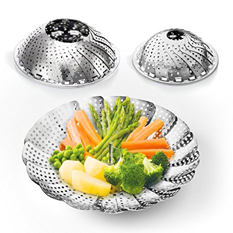 TWO-PACK Vegetable Steamer Basket Set - 2x Baskets (Large / Standard) + Safety Tool - 100% Stainless Steel - Perfect Food Steamer for Veggies, Crab Legs, Dim Sum, Tamale & Fish / Seafood
