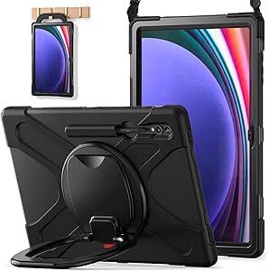 BATYUE Galaxy Tab S9 Ultra Case - Shockproof Protective Case for 14.6-inch Galaxy Tab S9 Ultra 2023/ Galaxy Tab S8 Ultra 2022 (SM-X910/ X900) with Pencil Holder/Rotating Stand/Shoulder Strap - Black