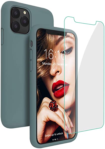 JASBON Case for iPhone 11 Pro Max,Silicone Shockproof Phone Case with Tempered Screen Protector Gel Rubber Drop Protection 6.5 inch Cover for iPhone 11 Pro Max 2019-Pine Green