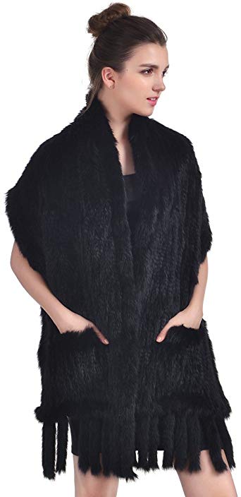 Rabbit Fur Shawl - Real Knit Fur Scarf Winter Tassels Wrap Women Warm Cape With Pocket