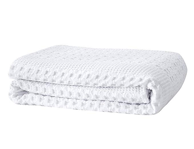 PHF Cotton Waffle Weave Blanket Home Decoration Breathable Cozy Soft Lightweight Comfort for All Season Queen Size White