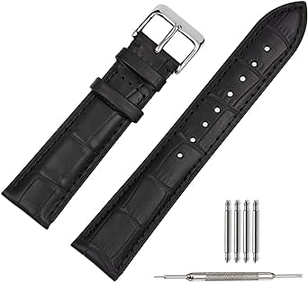 TStrap Leather Watch Bands 20mm – Black Calfskin Watch Straps Replacement - Alligator Grain Watch Band for Men Ladies - Smart Watch Bracelet Clasp Buckle – 18mm 19mm 21mm 22mm