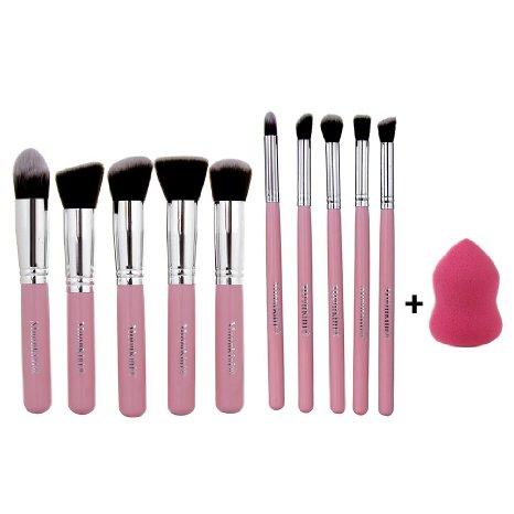 Moonkini 10pcs Powder Blush Foundation Contour Makeup Brushes Set Cosmetic Tool(pink silver)