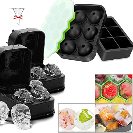 Homipooty Ice Cube Tray,5 Ice Cube Molds Sets with Lid, Include Large Ice Ball, Square Ice Cube,Skull Ice Cube Trays,Honeycomb DIY Ice Cube,Reusable & BPA Free,Ice Cube Molds for Whiskey Chocolate