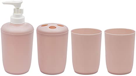 TOPSKY 4-Pieces Bathroom Accessies Set - Soap Dispenser, Tooth Brush Holder, Tumbler (Pink)