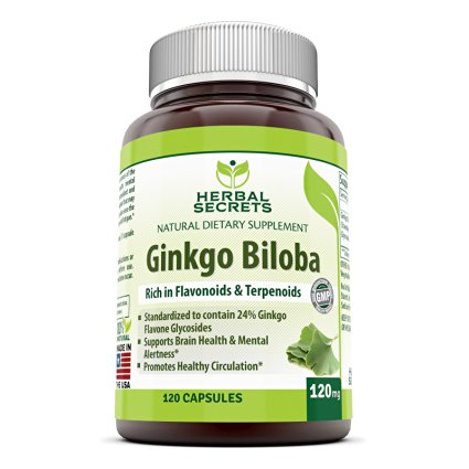 Herbal Secrets Ginkgo Biloba Supplement - 120 mg Ginkgo Leaf Extract (Standardized to Contain 24% Ginkgo Flavone Glycosides) in each Capsule - Memory Support & More - 120 Capsules Per Bottle (120 Caps)