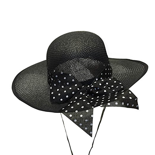 Women's Wide Brim Sun Caps Bowknot Beach Straw Hats with Wind Lanyard TASOON (BLACK)
