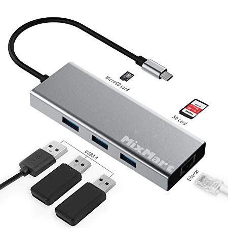 USB C Multiport Adapter, MixMart 6in1 USB Type C Hub with Ethernet Port, 3xUSB 3.0 Ports SD/TF Card Reader for MacBook/MacBook Pro/Air 2016/2017/2018, Samsung S8 /S8 Plus/S9/S9 Plus, Note 8/9