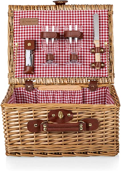 PICNIC TIME Classic Wicker Wine and Cheese Basket with Service for Two, Red/White Check
