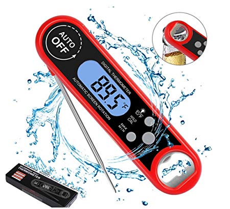 Digital Meat Thermometer- Best Waterproof Ambidextrous Thermometer with Backlight & Calibration Digital Food Thermometer for Kitchen, Outdoor Cooking, BBQ, and Grill (Red)