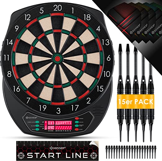 KESSER® Elektronische Dartscheibe Profi Set - E Dartboard mit 15 Dartpfeile   35 Pro Flights 100 Pfeilspitzen   Zubehör Dart für 1 bis 8 Spieler Innovativer elektronisch Dartautomat mit 65 Varianten