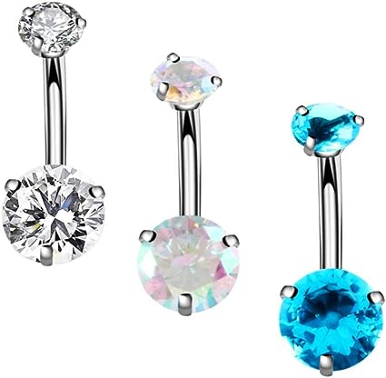 YHMM 14G Surgical Steel Belly Button Rings Round Cubic Zirconia Navel Barbell Stud Body Piercing (3 Pcs B, External Thread/10mm)