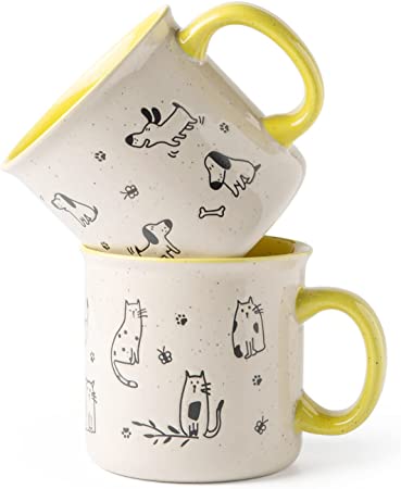 AmorArc 22 OZ Large Ceramic Coffee Mugs Set of 2, Modern Design Oversized Mugs With Big Handle for Men Women Dad Mom, Big Mug With Textured Dogs Cats Patterns for Office & Home -Microwave Safe, 2 Pcs