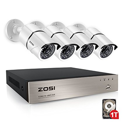 ZOSI 4CH FULL TRUE 1080P HD-TVI Video Security DVR with 4X 1080P HD Outdoor Weatherproof Home Surveillance Camera System 1TB Hard Drive White(100ft night vision,Smartphone&PC Easy Remote Access)