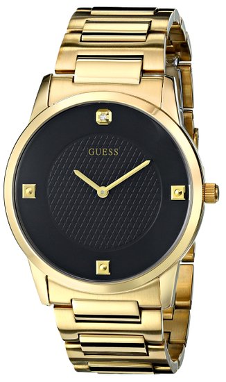 GUESS Men's U0428G1 Sleek Gold-Tone Watch with Diamond Accented Black Dial