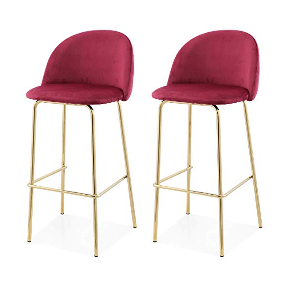 M61 Barstool with Gold Finish- 2 Piece Modern Design Counter Bar Stool Set- Velvet Upholstery Chair for Bars and High Counters- Steel Frame- Incorporated Footrest (Dark Red)