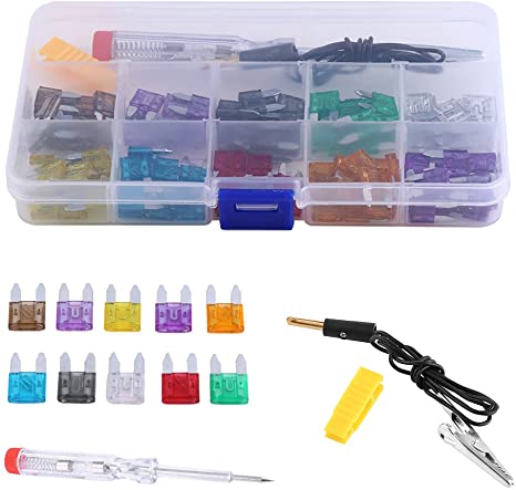100 pcs Auto Mini Blade Fuse Kit, 2A 3A 5A 7.5A 10A 15A 20A 25A 30A 35A Standard Assorted Replacement Fuses Set with Electrical Test Pen   Clip for Car Truck SUV RV Boat