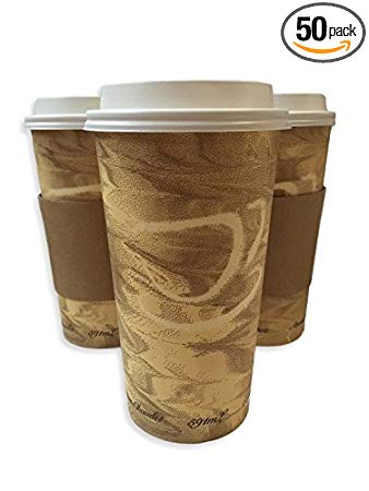 24oz Hot Paper Cups with Lids and Sleeves 50 Pack