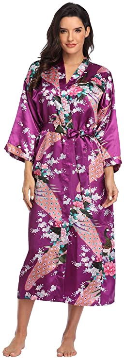 Women's Floral Long Silk Kimono Robes Satin Dressing Gown Peacock Blossoms