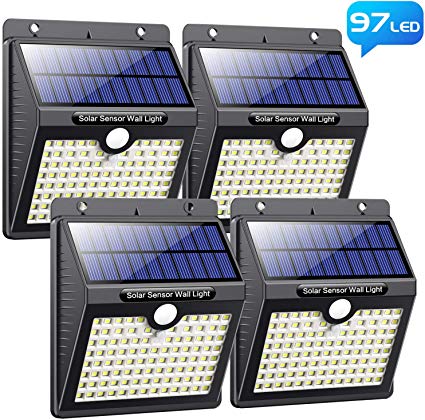 Solar Lights Outdoor, Pxwaxpy [97 LED-4 Pack] Super Bright Solar Security Lights Motion Sensor Lights 2000mAh Wireless Solar Wall Lights 270° Solar Powered Lights Waterproof 3 Modes for Garden