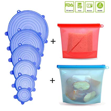 6 PCS Silicone Stretch Lids   2 PCS Silicone Food Storage Bags , Kitchen Airtight Food Storage Covers, 6 Sizes Seal Bowl Stretchy Wrap Cover, Seal Leakproof Bags for Cooking Lunch Baby Food