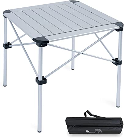 iClimb Lightweight Stable Alu. Folding Square Table Roll Up Top with Carry Bag for Camping Picnic Backyards BBQ Camp Kitchen (Silver, M)