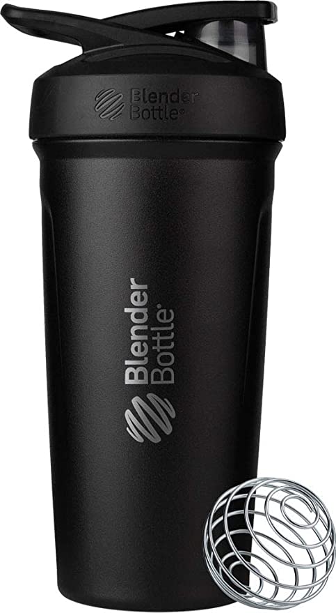 BlenderBottle Strada Shaker Cup Insulated Stainless Steel Water Bottle with Wire Whisk, 24-Ounce, Black