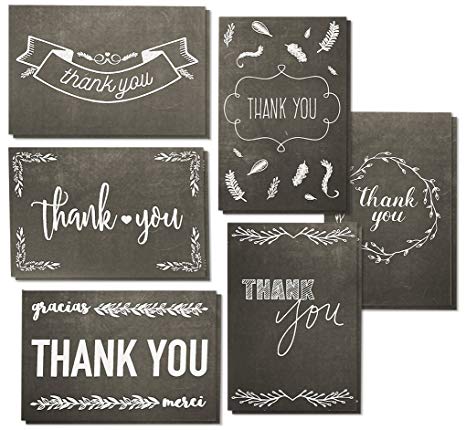 Thank You Cards - 144-Pack Thank You Notes, 6 Assorted Black and White Chalkboard Designs, Bulk Thank You Cards and Envelopes, 4 x 6 Inches