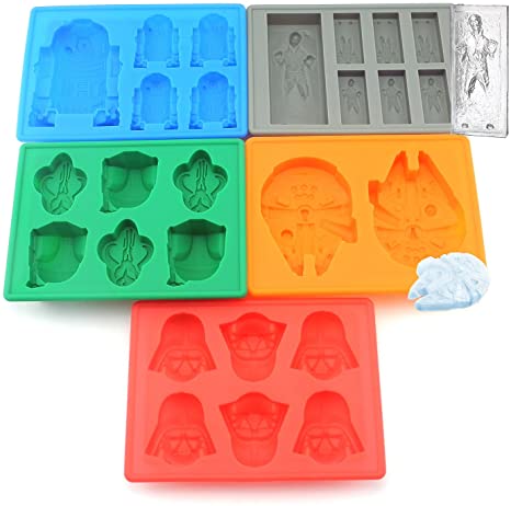 Set of 5 Star Wars Silicone Ice Trays / Chocolate Molds: Boba Fett, Han Solo, R2-D2, Millennium Falcon, Darth Vader
