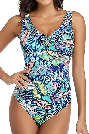 PERONA Women's One Piece Swimsuits Tummy Control Bathing Suits Ruffled Plus Size Swimwear