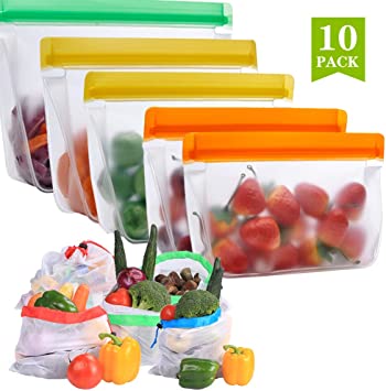 Reusable Silicone Food Storage Bags with Mesh Produce Bags, SAYGOGO Eco-Friendly Silicone Bags for Cooking Prep and Freezer Containers | Washable Mesh Produce Grocery Bags for Vegetables(10Pack)