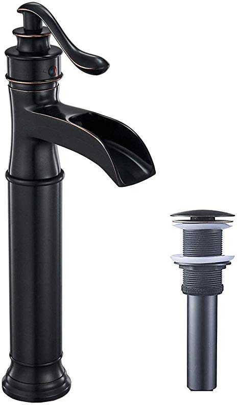 Era Tall Bathroom Vessel Sink Faucet Waterfall Single Handle Oil Rubbed Bronze with Pop Up Drain without Overflow One Hole Lever Commercial Hose Lead-Free