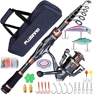 PLUSINNO Fishing Rod and Reel Combos, Bronze Warrior Toray 24-Ton Carbon Matrix Telescopic Fishing Rod Pole, 12  1 Shielded Bearings Stainless Steel BB Spinning Reel, Travel Freshwater Fishing Gear