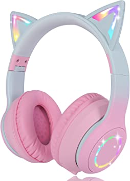 Wireless Headphones Cat Ear LED Light up Bluetooth Gaming Headphones for Kids/Girls/Women, Color Changing Over Ear Headphones with Microphone (Pink Gradient)