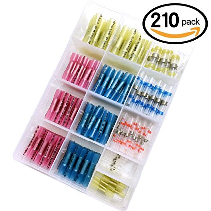 210Pcs Heat Shrink Wire Connectors & Solder Seal Wire Connectors, Sopoby Electrical Crimper Butt Connectors Waterproof Assorted Wire Terminals Kit, 26-10GA