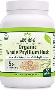 Herbal Secrets USDA Organic Whole Psyllium Husk 16 oz Powder Supplement | 5 Grams Per Serving | 136 Servings | Non-GMO | Gluten Free | Made in USA