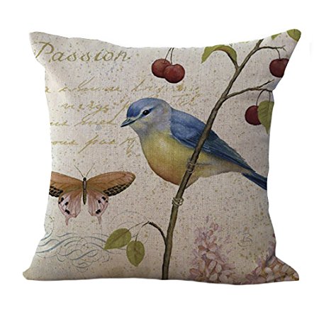 ChezMax Cotton Linen Cushion Cover Bird Pattern Square Decor Pillow Sham Decorative Throw Pillow Case 18" X 18"