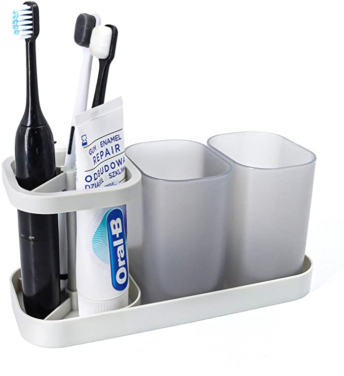 Topsky Plastic Toothbrush Toothpaste Holder and Cup Organizer, 3 Slots Electric Toothbrush Stand Decorative Dental Storage Vanity with 2 Mouthwash Cups for Bathroom Countertop Sink