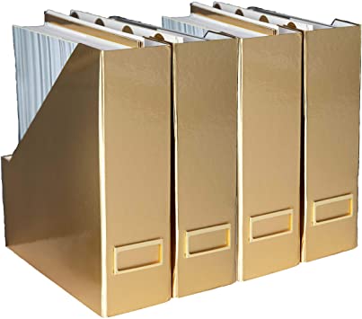 Blu Monaco Foldable Gold Magazine File Holder with Gold Label Holder - Set of 4 Cardboard Magazine Holder Boxes - Gold Desk Accessories