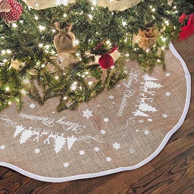 Hootech Christmas Tree Skirt 48 Inch Burlap Tree Skirts Ornaments Xmas Decorations White Snowflake Printed for Christmas Party (48"/122cm)